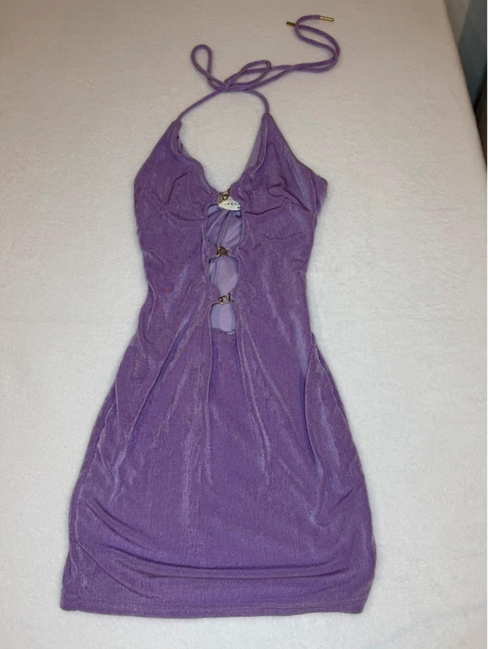 American Threads Purple Velvet Halter Mini Dress Y2K Cutout Ring Small